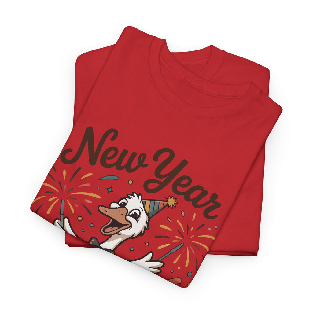 Happy Goose New Year T-Shirt — Party Hat, Fireworks & Confetti Unisex Cotton Tee