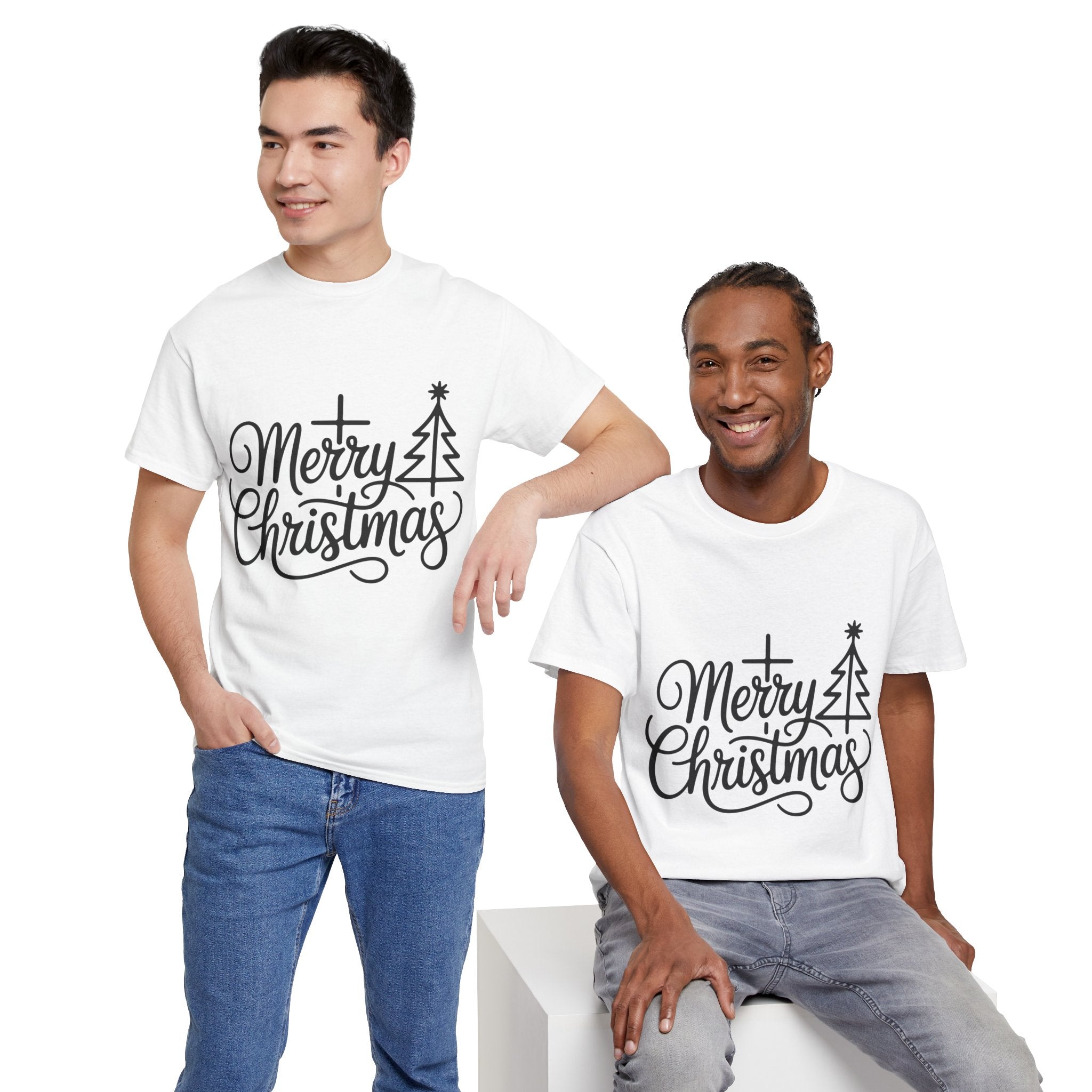 Merry Christmas Script T-Shirt with Cross & Tree(Unisex Cotton Tee)