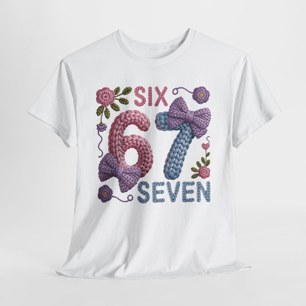 Pastel Crochet Numbers 6 & 7 Tee — Faux-Yarn Bows & Flowers. Unisex Cotton Tee