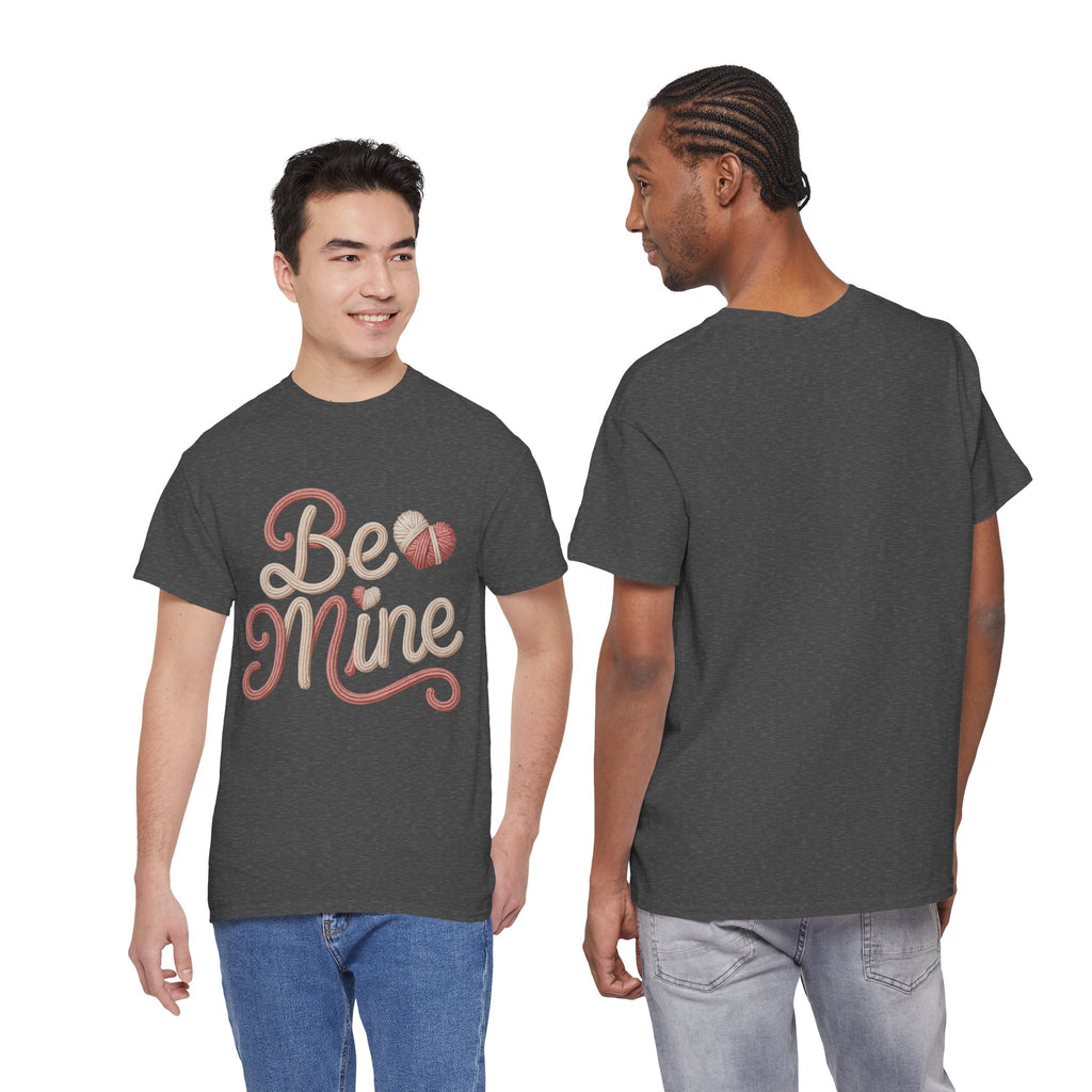 Be Mine Yarn Heart T-Shirt — Valentine’s Faux-Yarn Pink & Cream Unisex Cotton Tee