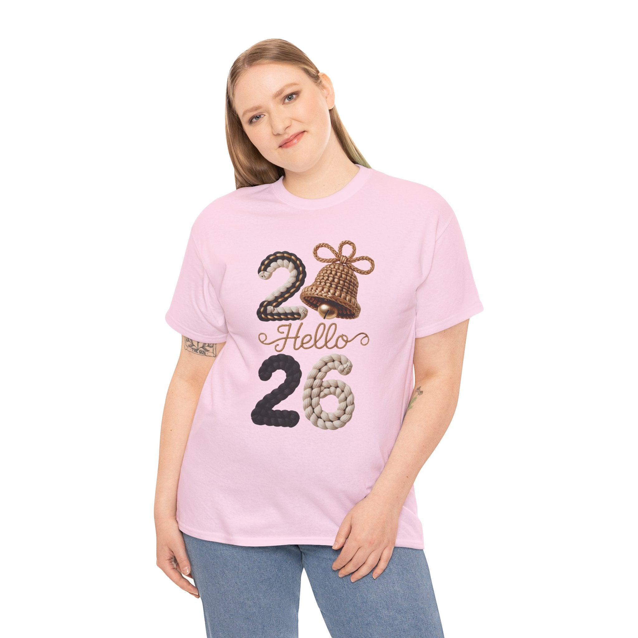 Hello 2026 Tee — Cozy Faux Yarn Braided Numbers with Woven Golden Bell..Unisex Cotton Tee