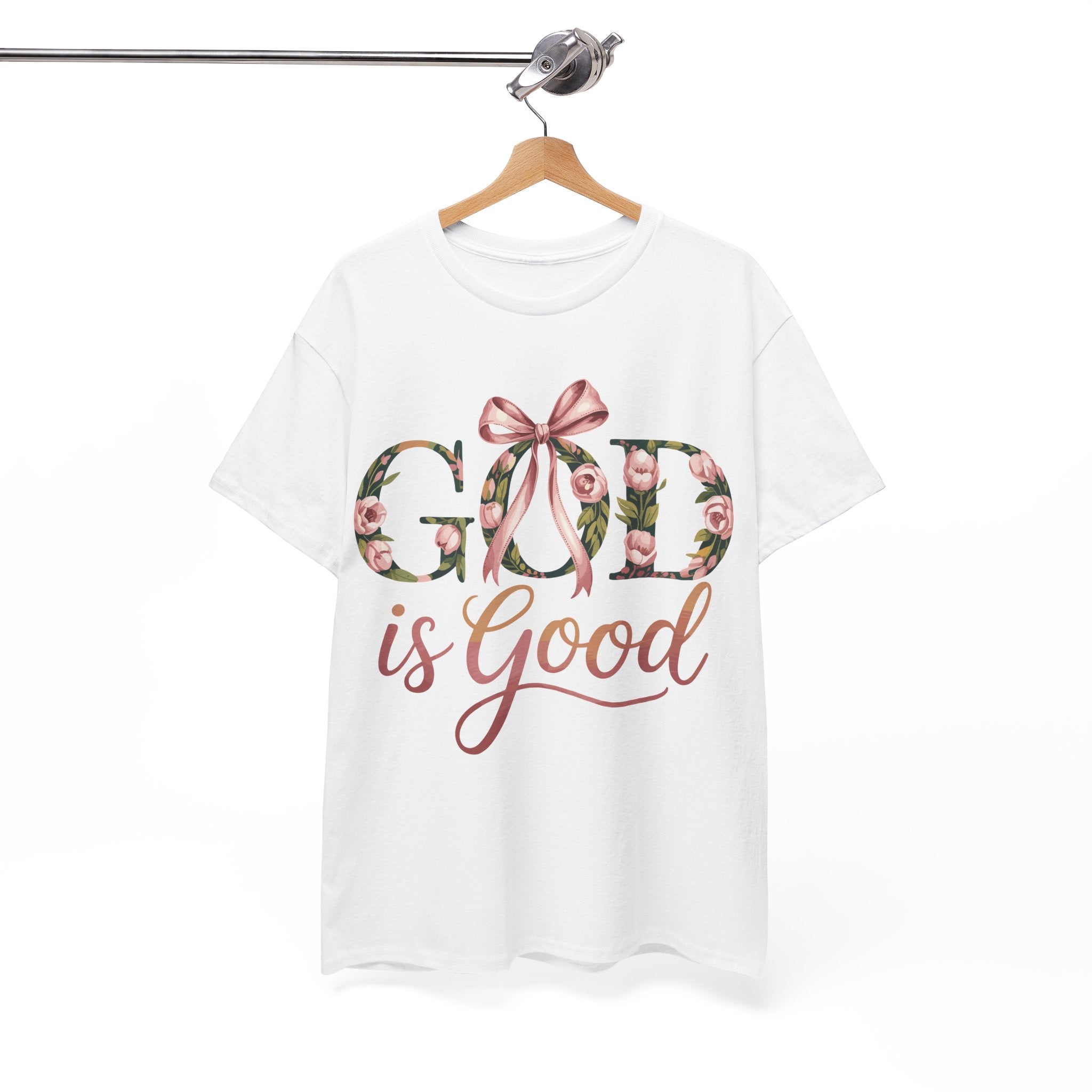 God Is Good Pink Rose Tee — Floral Ribbon Faith Unisex Cotton T-Shirt