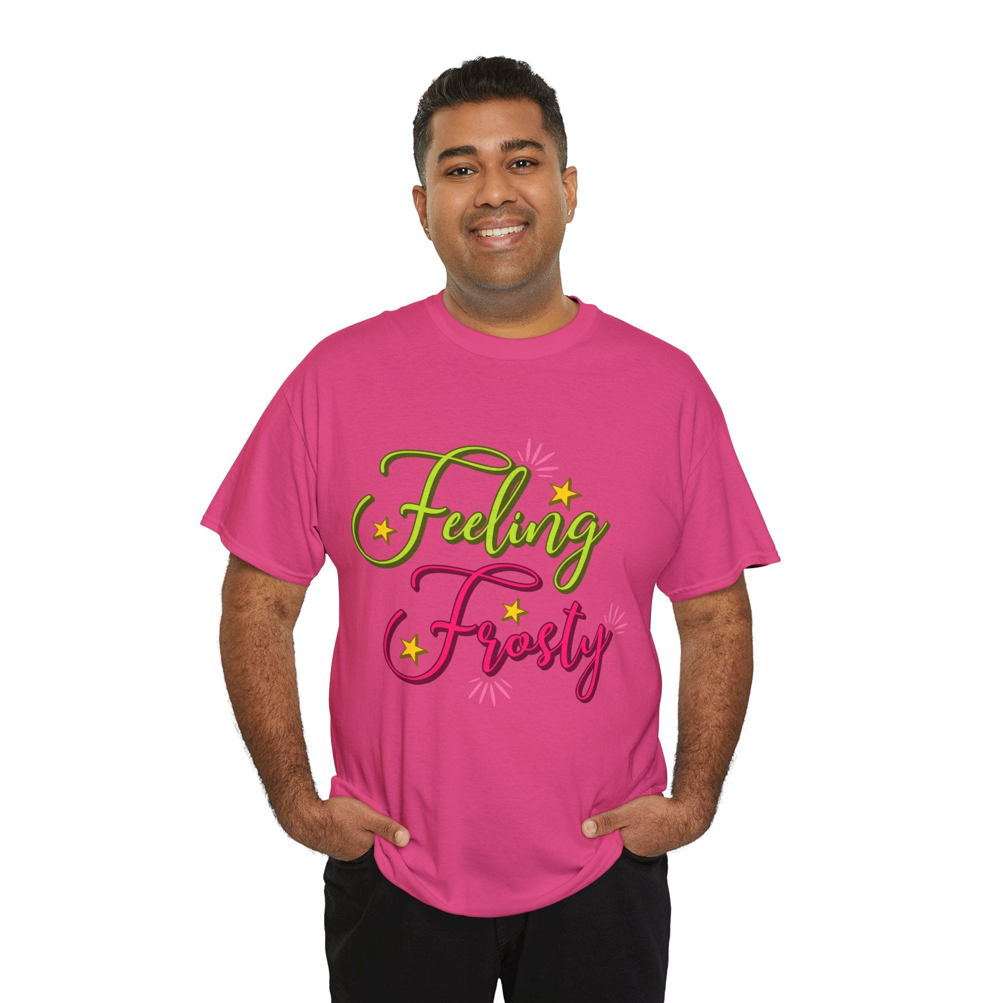 Feeling Frosty Holiday T-Shirt — Green & Pink Script Stars.Unisex Cotton Tee