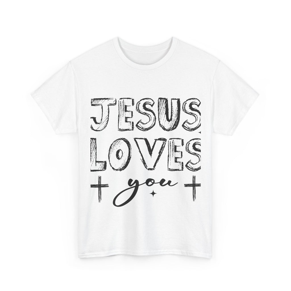 Jesus Loves You Chalk-Style Tee — Crosses & Stars Christian UNisex Cotton T-Shirt