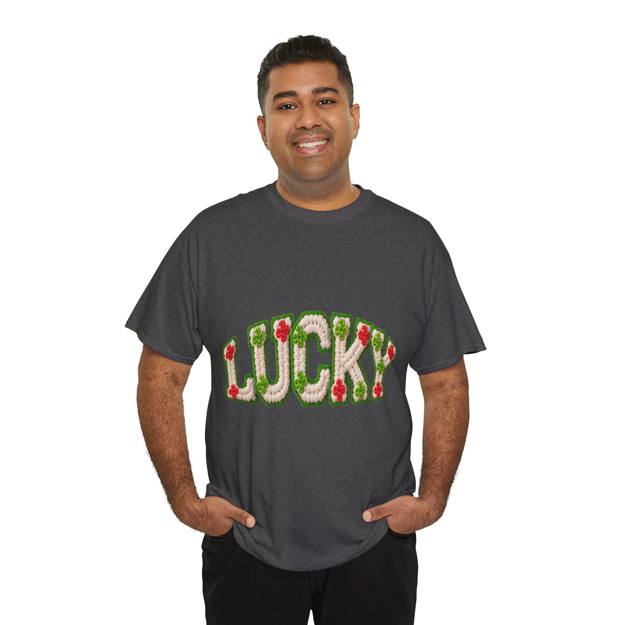 Lucky Crochet Clover T-Shirt — Faux-Yarn Embroidered St. Patrick’s Unisex Cotton Tee
