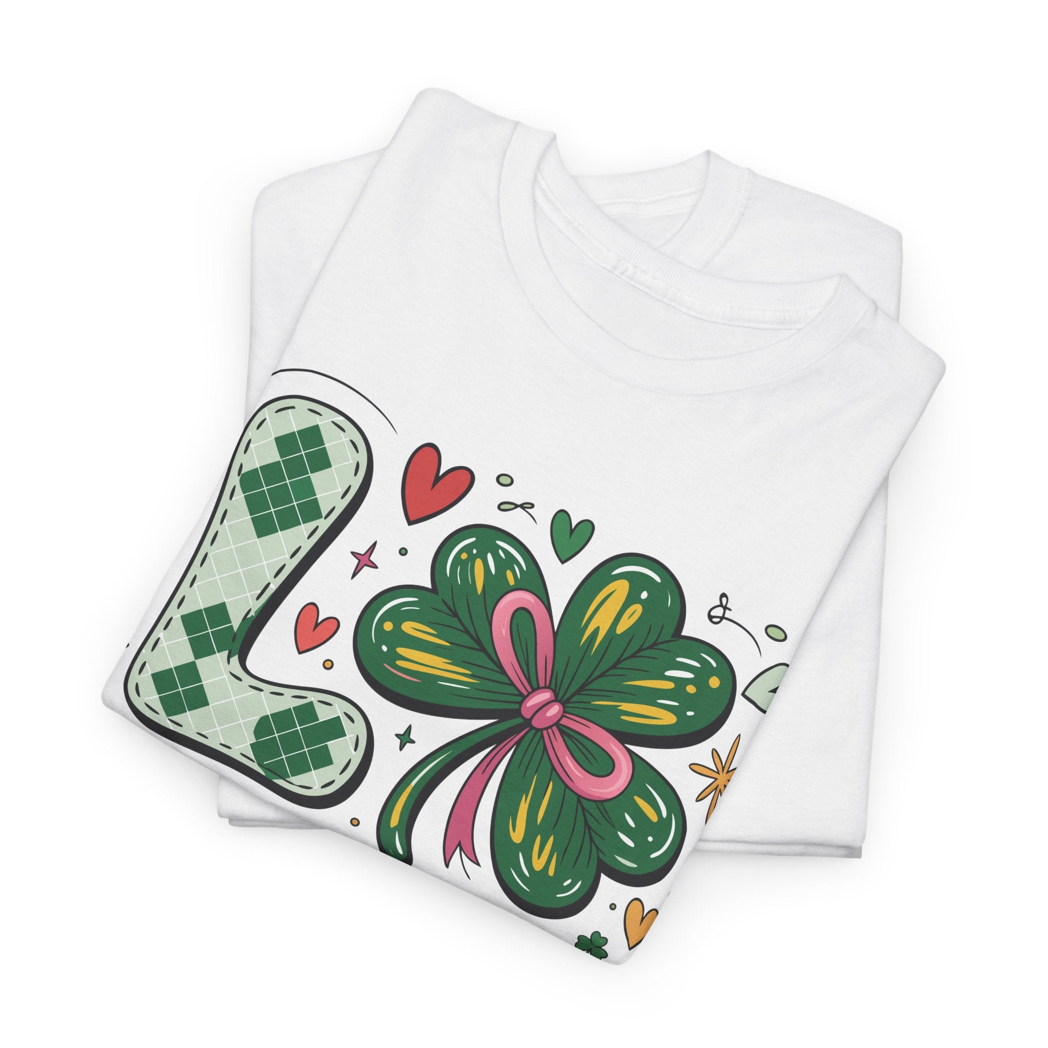 Stitched Clover 'LOVE' Tee — Heart & Patchwork St. Patrick's Unisex Cotton T-Shirt