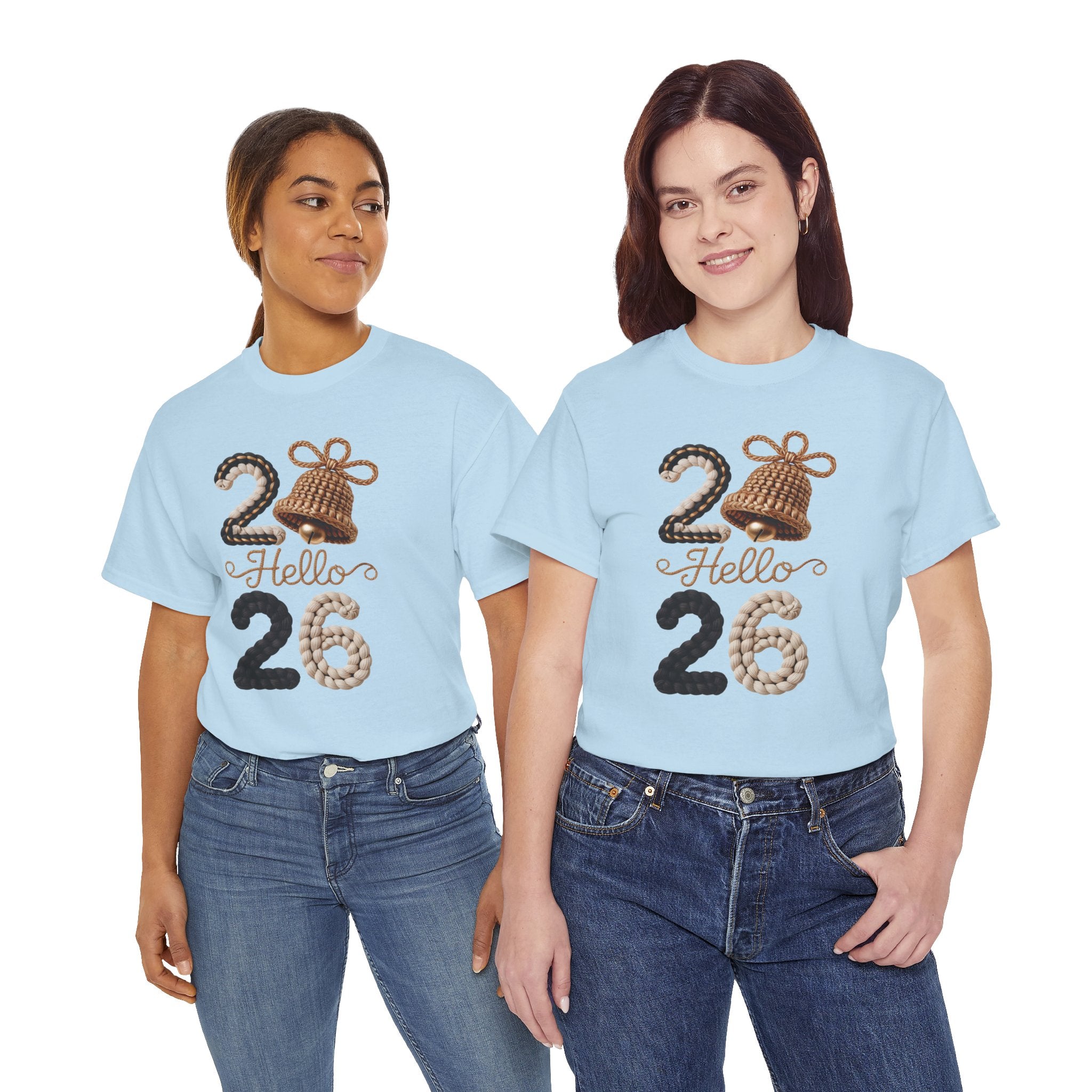 Hello 2026 Tee — Cozy Faux Yarn Braided Numbers with Woven Golden Bell..Unisex Cotton Tee