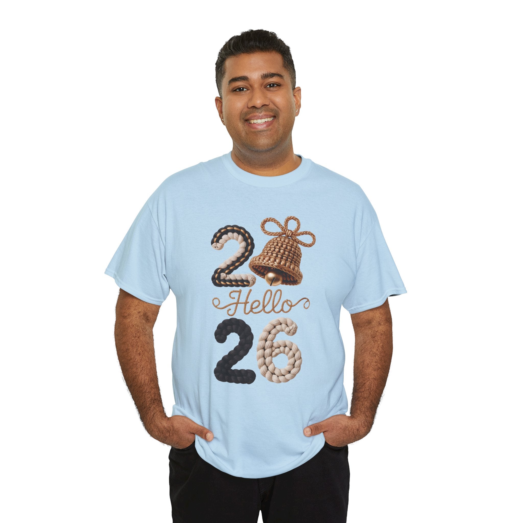 Hello 2026 Tee — Cozy Faux Yarn Braided Numbers with Woven Golden Bell..Unisex Cotton Tee