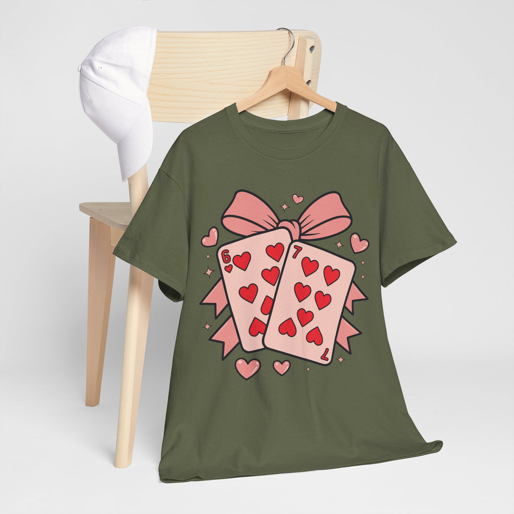 6 & 7 of Hearts T-Shirt — Paired Playing Cards with Pink Bow Unisex Cotton Tee