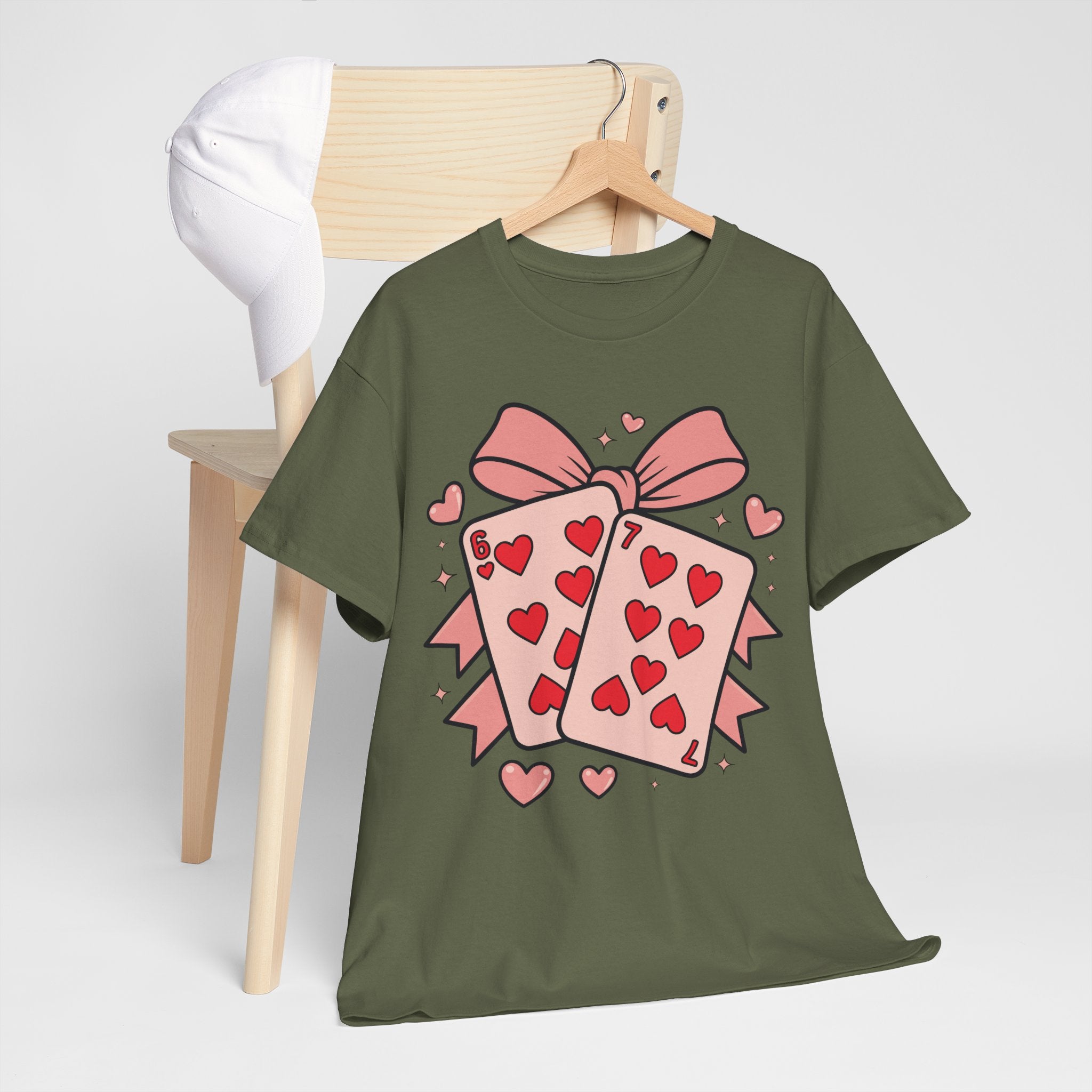 6 & 7 of Hearts T-Shirt — Paired Playing Cards with Pink Bow Unisex Cotton Tee