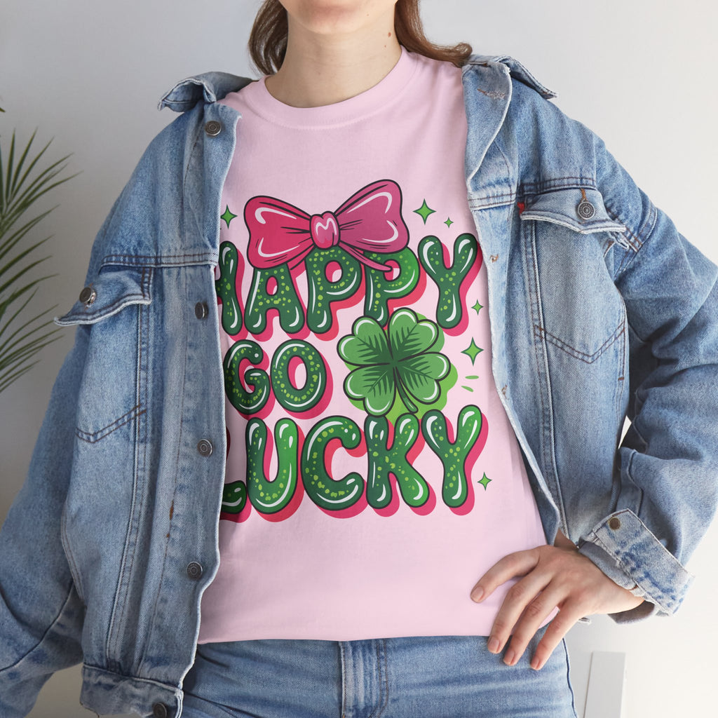 Happy Go Lucky Four-Leaf Clover Tee — Glossy Green Letters & Pink Bow Unisex Cotton Tee