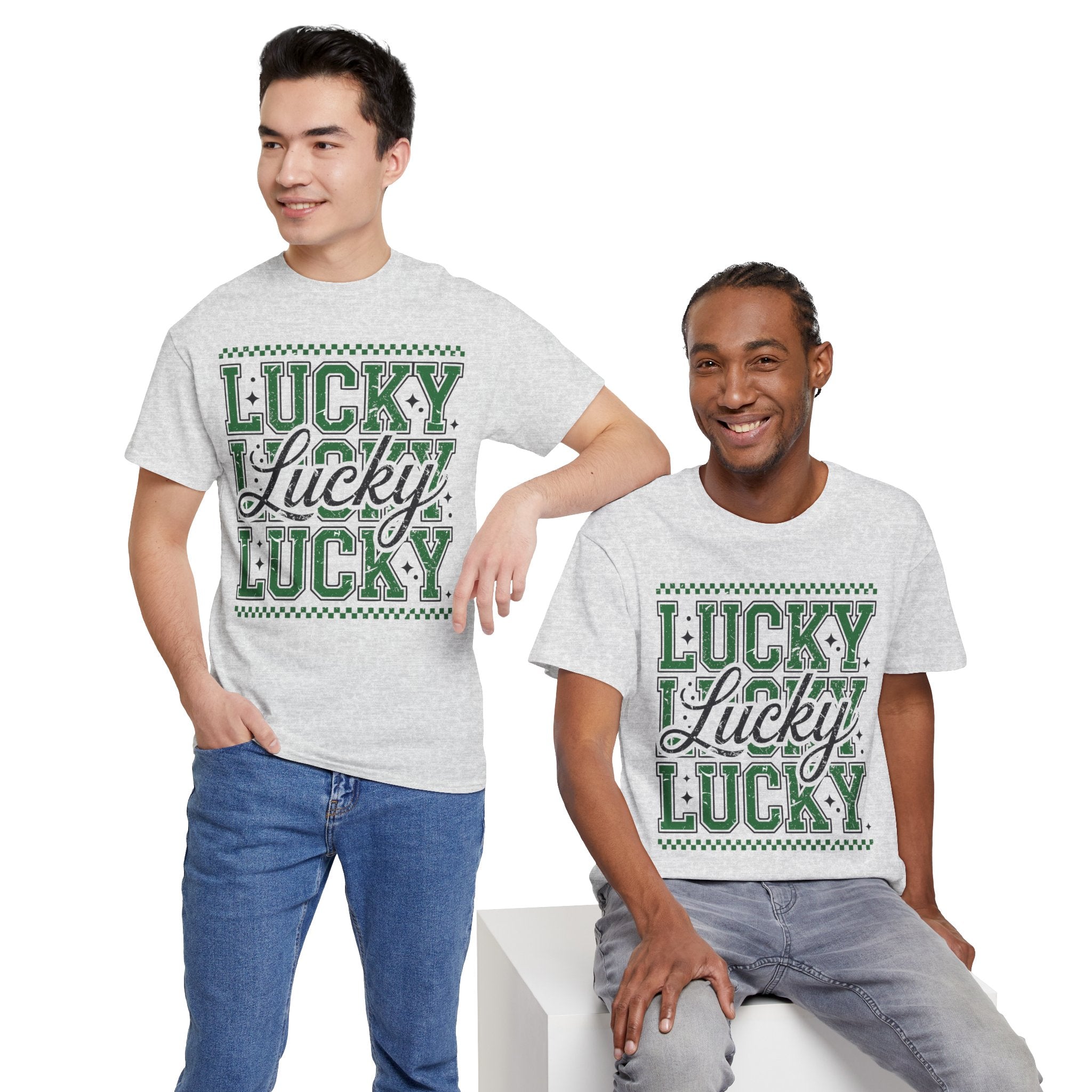 Lucky Varsity Tee — Layered Green ‘Lucky’ Graphic Unisex Cotton Tee