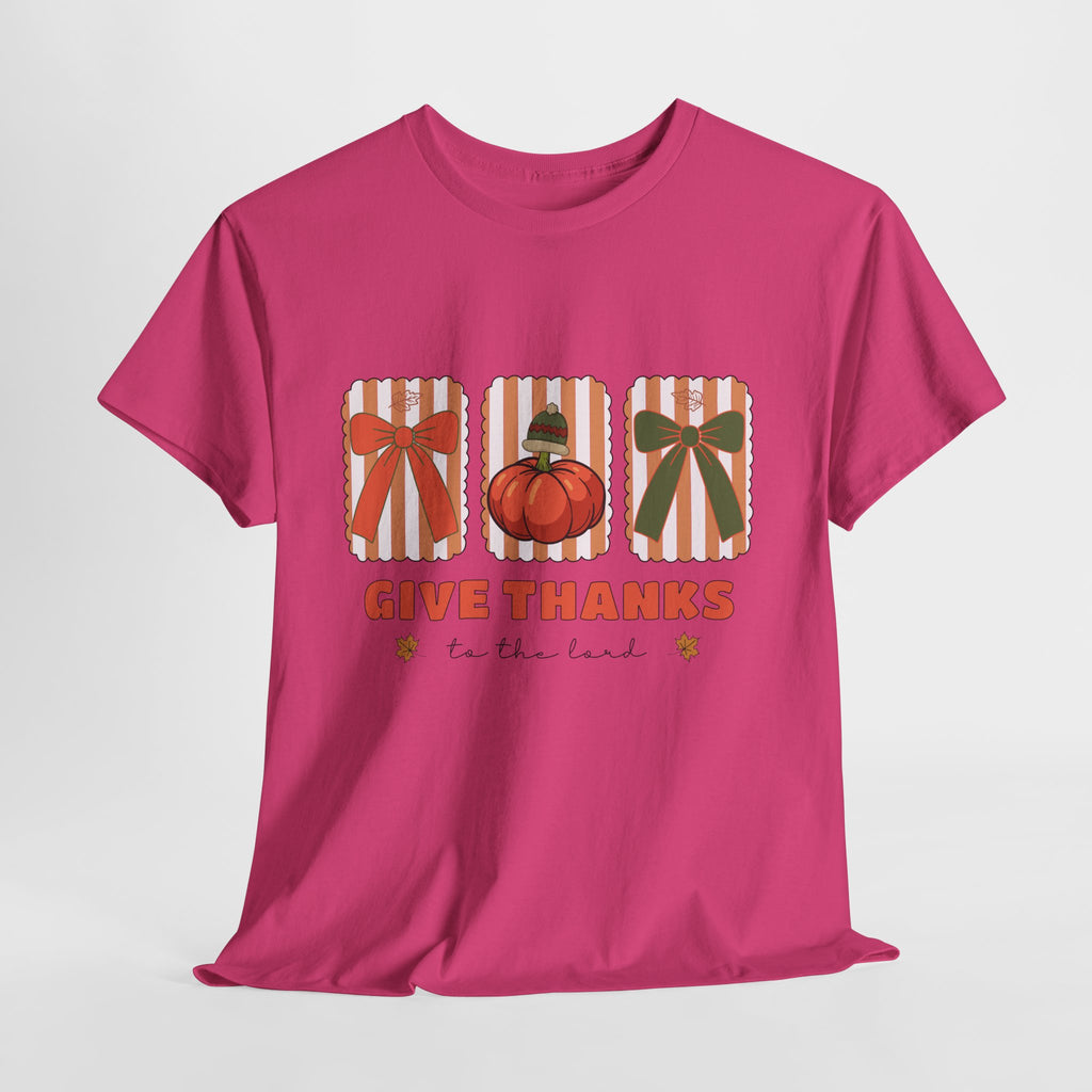 Give Thanks Thanksgiving T-Shirt — Pumpkin with Hat & Bows Unisex Cotton Tee