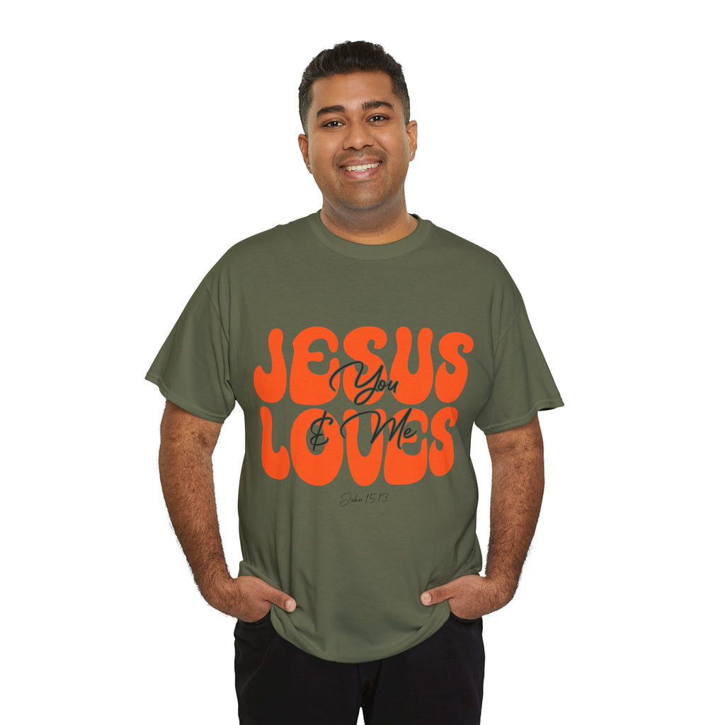 Jesus Loves You & Me Retro Tee — Playful Orange Bubbly Christian Unisex Cotton T-Shirt