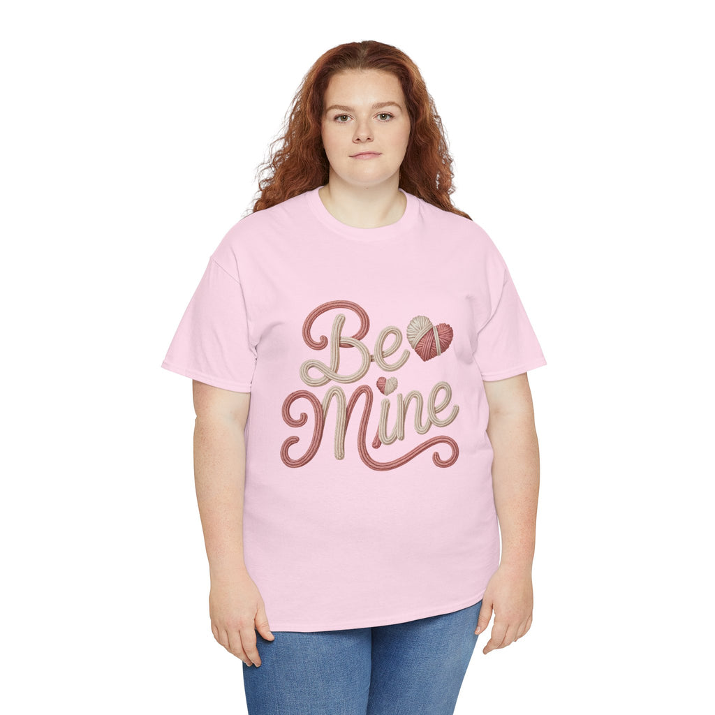 Be Mine Yarn Heart T-Shirt — Valentine’s Faux-Yarn Pink & Cream Unisex Cotton Tee