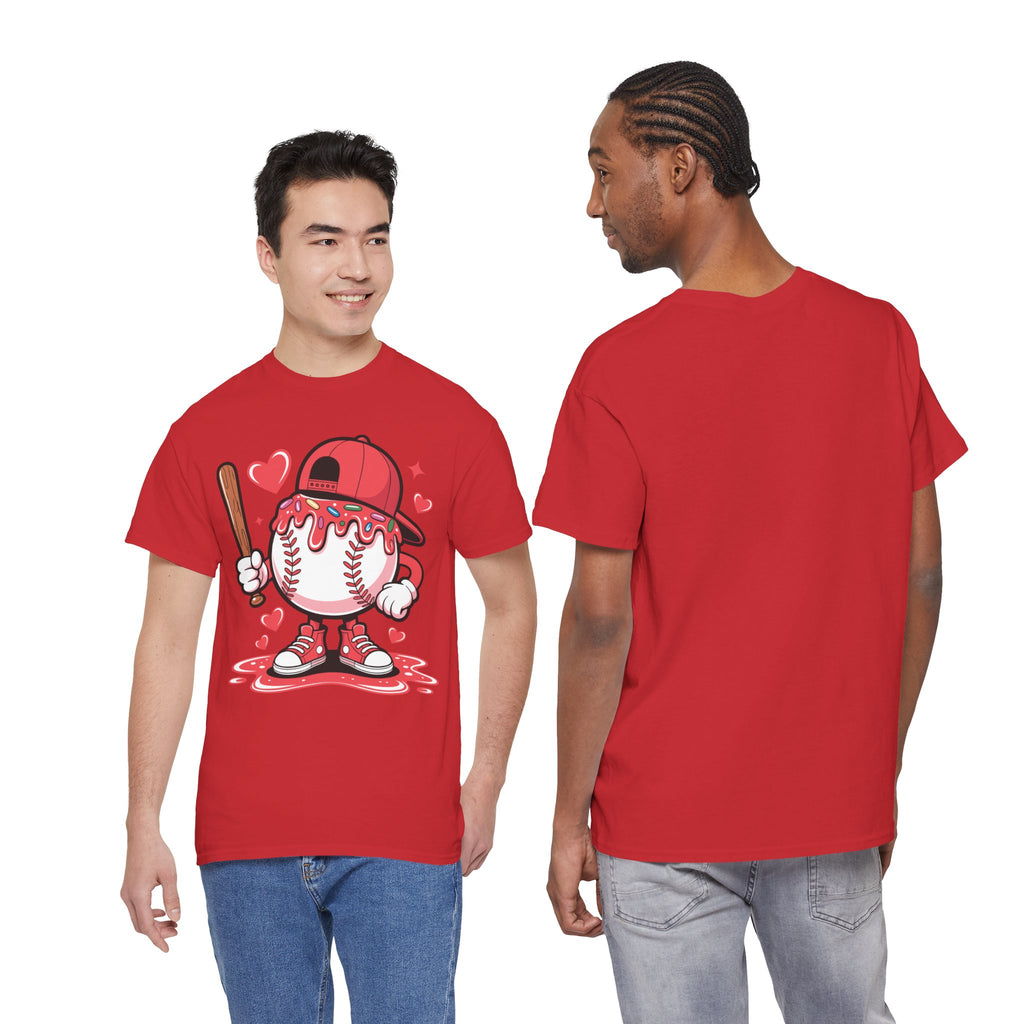 Cute Baseball Character T-Shirt — Red Cap & Icing Top Graphic with Hearts Unisex Cotton Tee