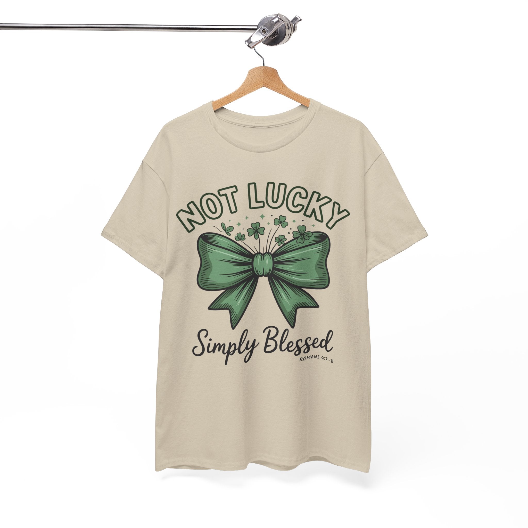 Not Lucky, Simply Blessed T-Shirt — Green Bow & Clovers St. Patrick’s Unisex Cotton Tee