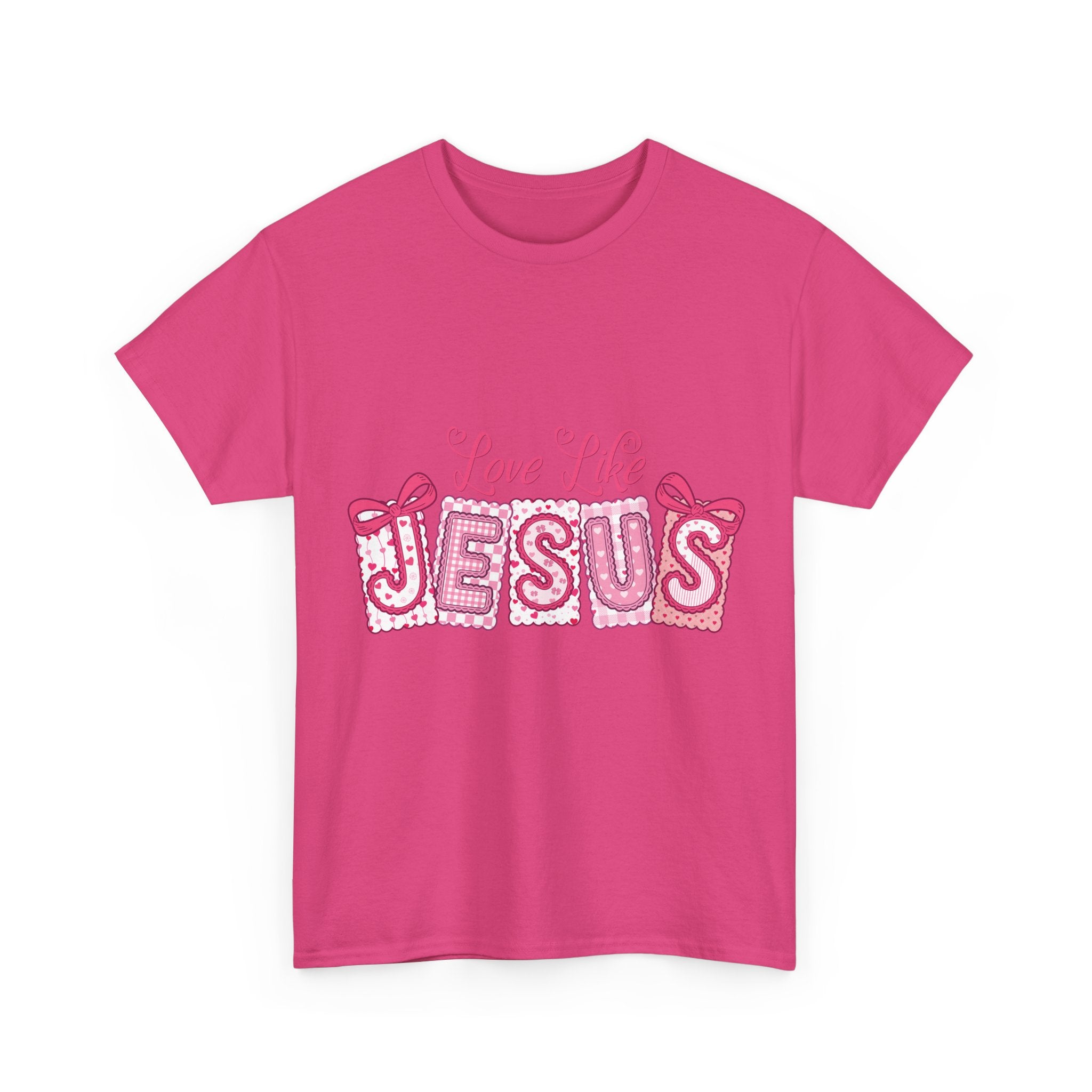 Love Like Jesus Patchwork Tee — Pink Stitched Heart Graphic.Unisex Cotton Tee