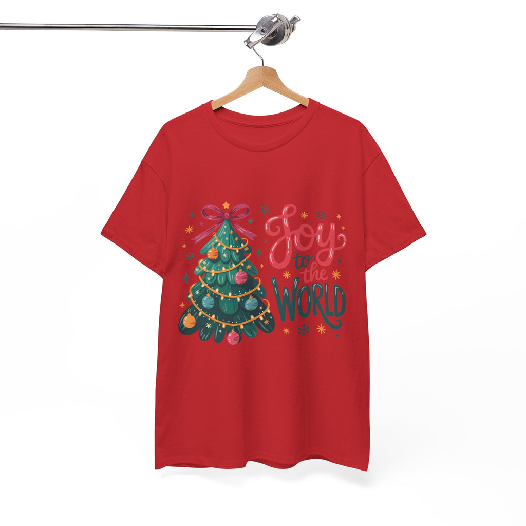 Joy to the World Christmas Tee — Festive Tree with Pink Bow..Unisex Cotton Tee