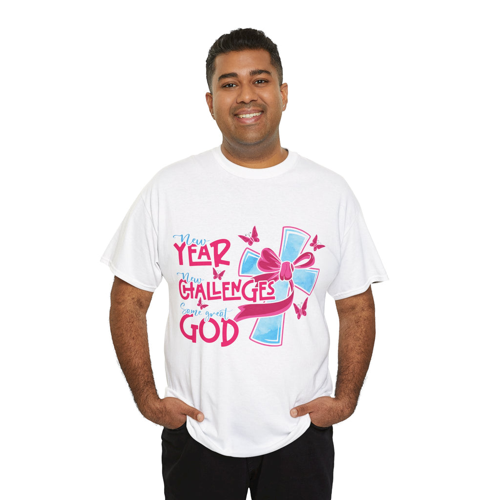 Christian T-Shirt — “New Year, New Challenges, Same Great God” with Pink Bow Cross & Butterflies. Unisex Cotton Tee