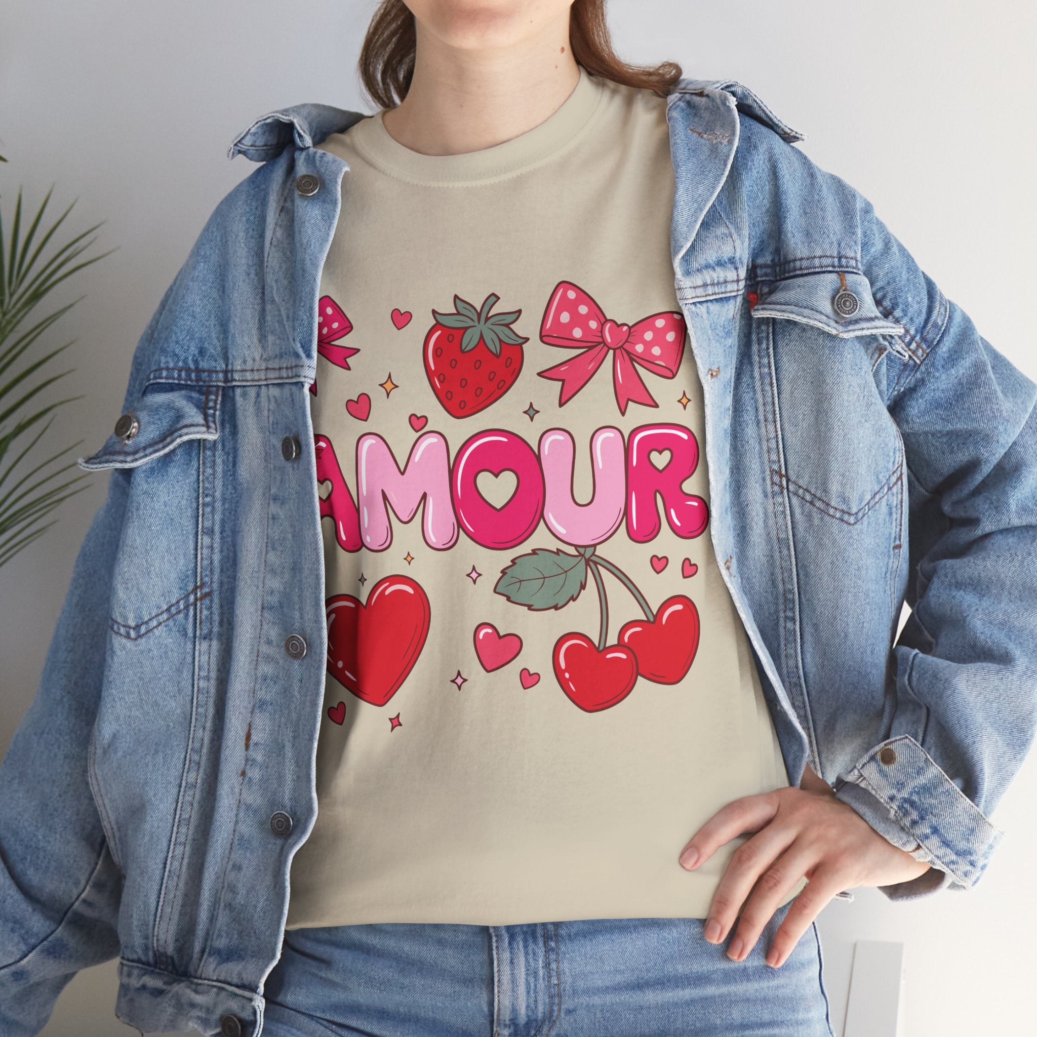 Amour Pink Hearts Tee — Shiny Lettering with Bows, Cherries & Strawberry Accent...Unisex Cotton Tee
