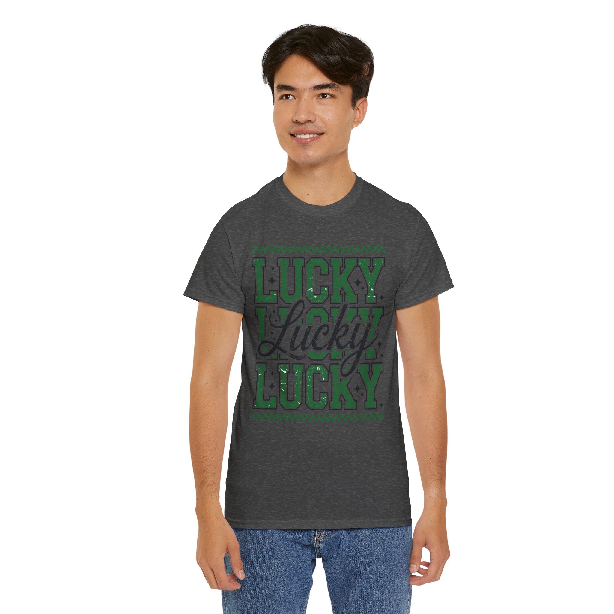 Lucky Varsity Tee — Layered Green ‘Lucky’ Graphic Unisex Cotton Tee