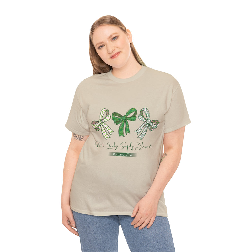 Not Lucky Simply Blessed Tee — Romans 4:7-8 Green Bow Christian Unisex Cotton T-Shirt