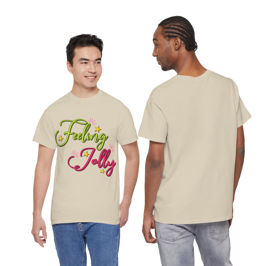 Feeling Jolly Tee — Festive Green & Pink Script with Yellow Stars Unisex Cotton Tee