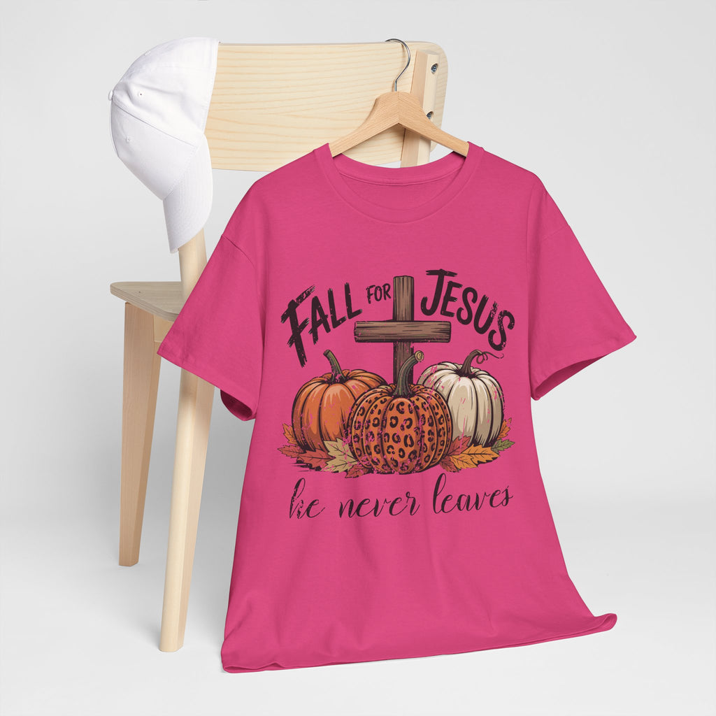 Fall for Jesus Pumpkin Cross Tee — "He Never Leaves" Autumn Christian Unisex Cotton T-Shirt