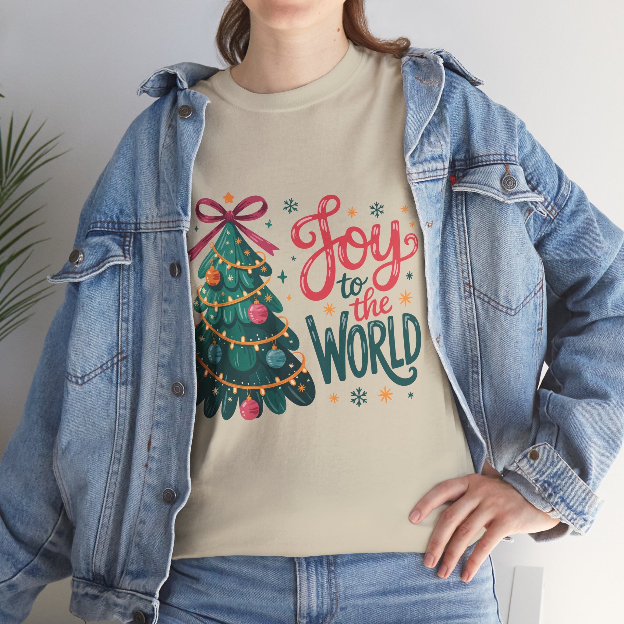 Joy to the World Christmas Tee — Festive Tree with Pink Bow..Unisex Cotton Tee