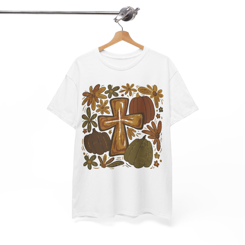 Autumn Cross Tee — Rustic Pumpkin & Fall Floral Christian Unisaex Cotton T-Shirt