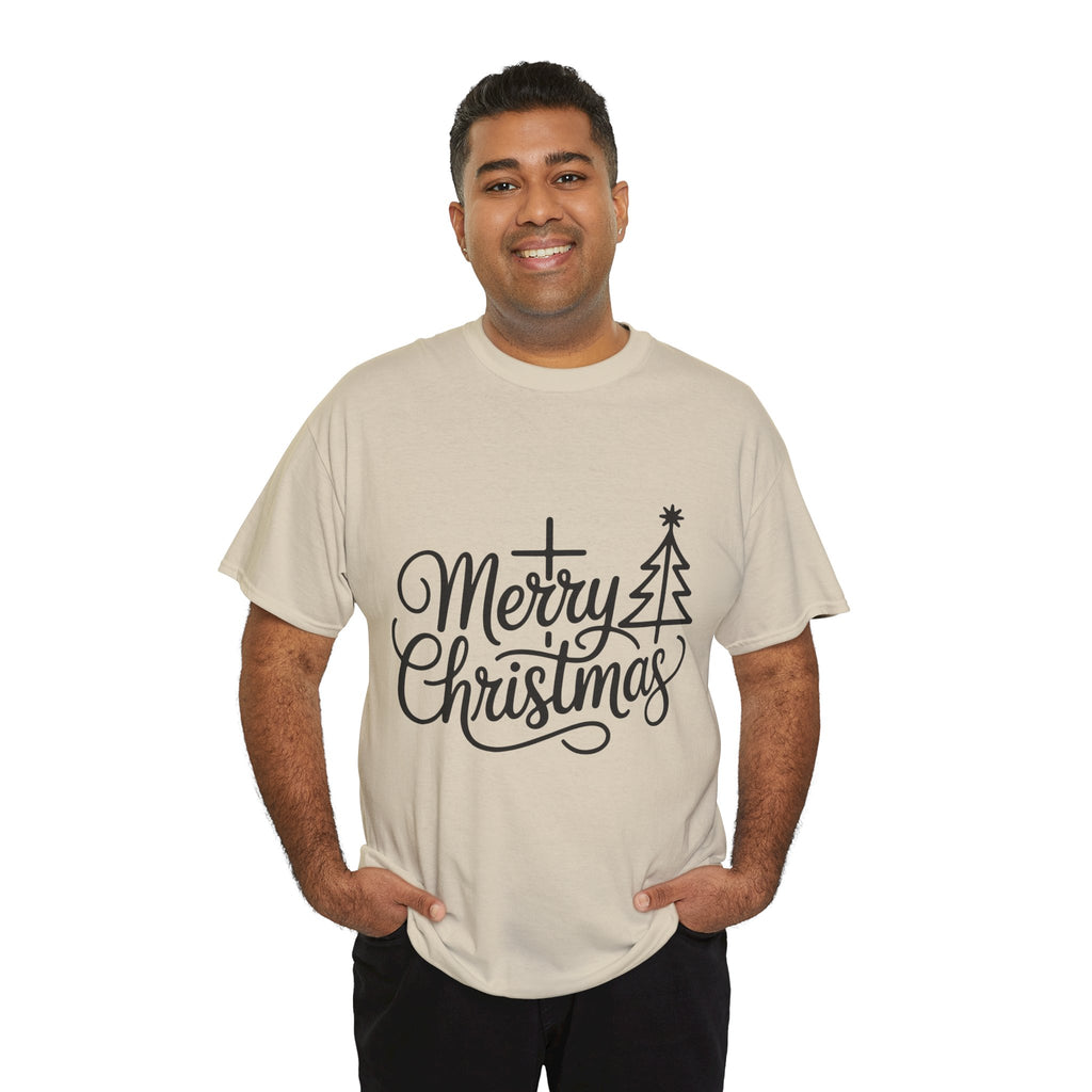 Merry Christmas Script T-Shirt with Cross & Tree(Unisex Cotton Tee)