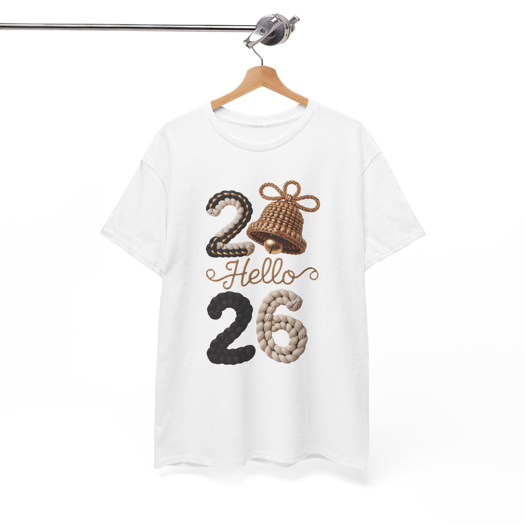 Hello 2026 Tee — Cozy Faux Yarn Braided Numbers with Woven Golden Bell..Unisex Cotton Tee