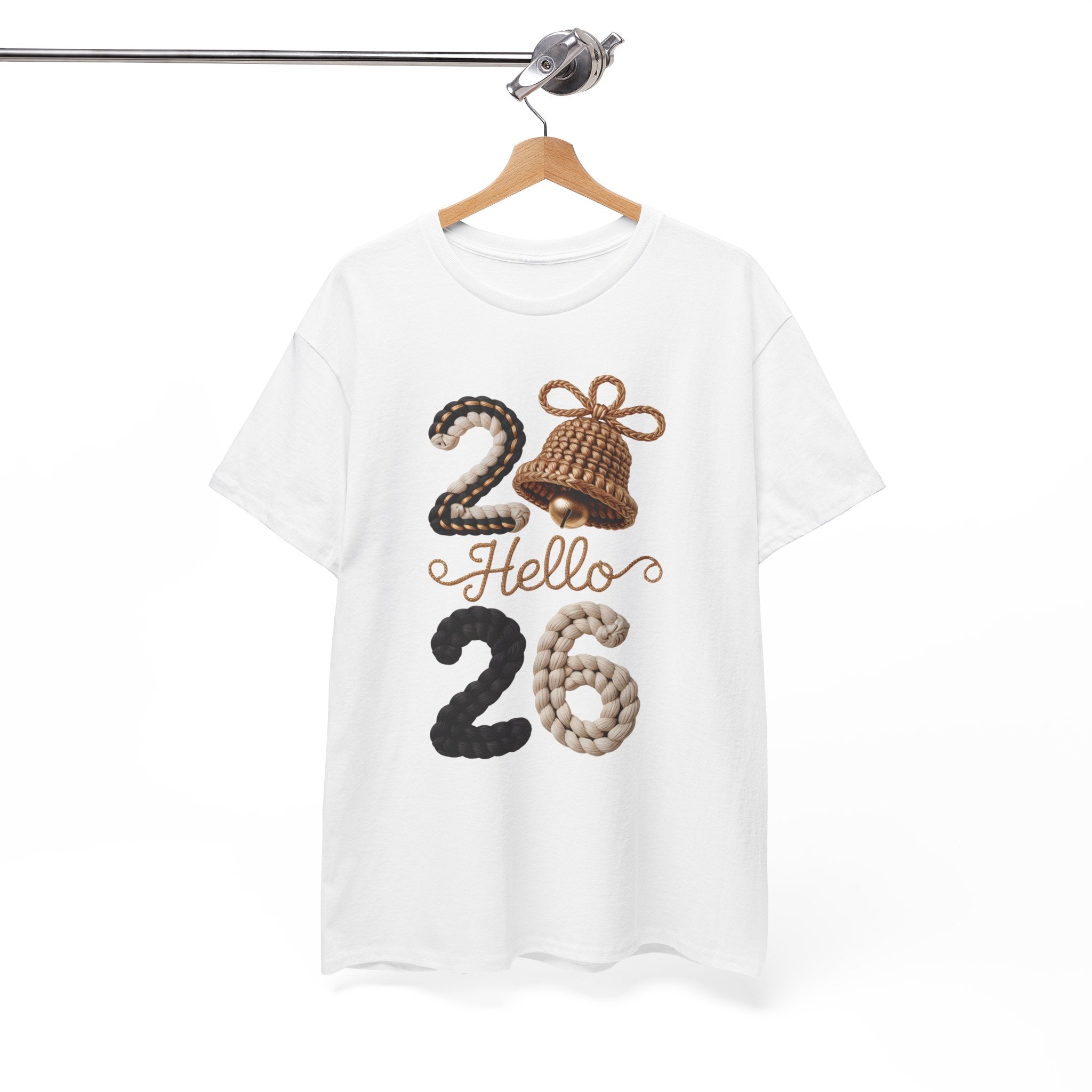 Hello 2026 Tee — Cozy Faux Yarn Braided Numbers with Woven Golden Bell..Unisex Cotton Tee