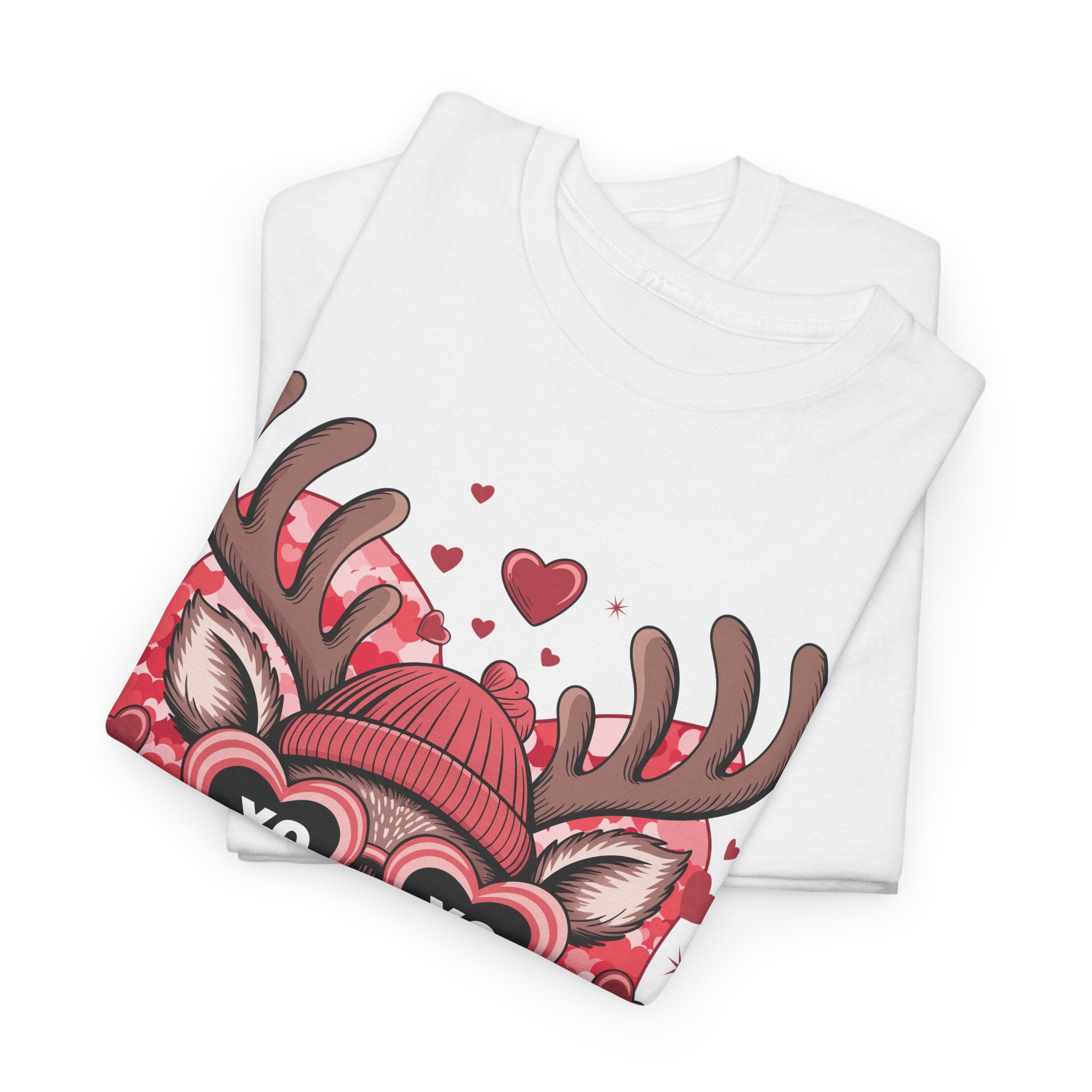 Valentine Deer Tee — Cute XO Heart Glasses, Beanie & Scarf Unisex Cotton Tshirt