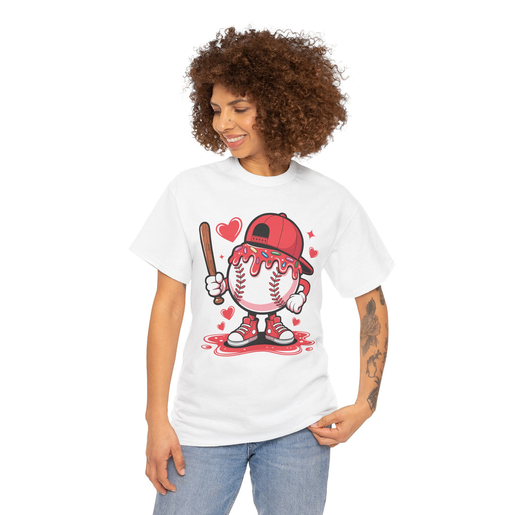 Cute Baseball Character T-Shirt — Red Cap & Icing Top Graphic with Hearts Unisex Cotton Tee