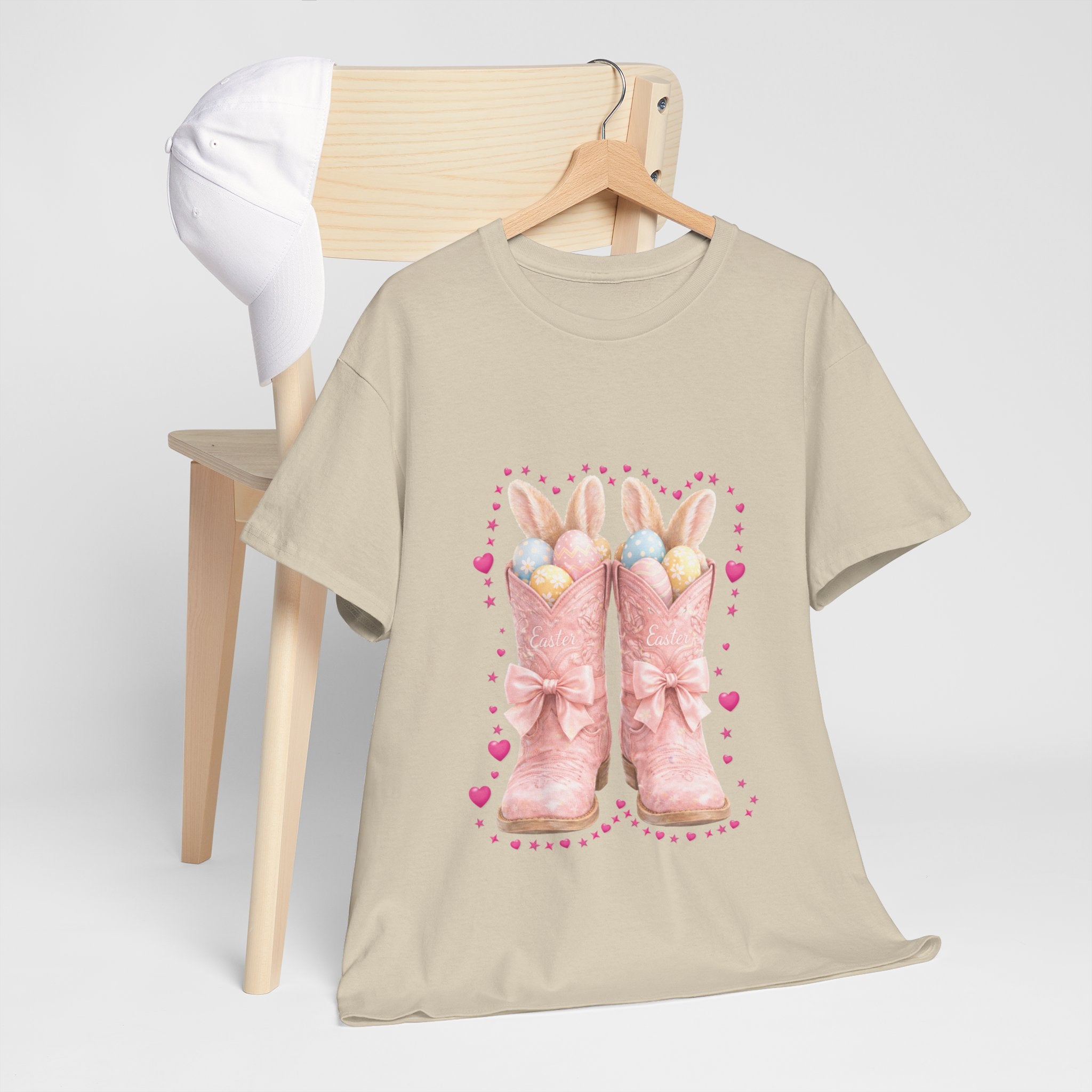 Easter Pink Western Boots Tee — Pastel Bunny Eggs & Bows Unisex Cotton Tee