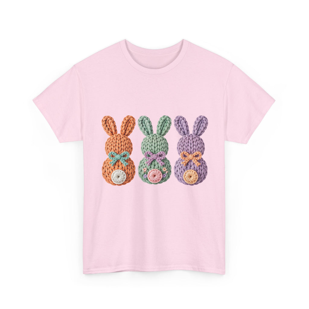 Pastel Crochet Bunny Tee — Trio of Faux Knit Bunnies with Bows & Flowers Unisex Cotton Tee