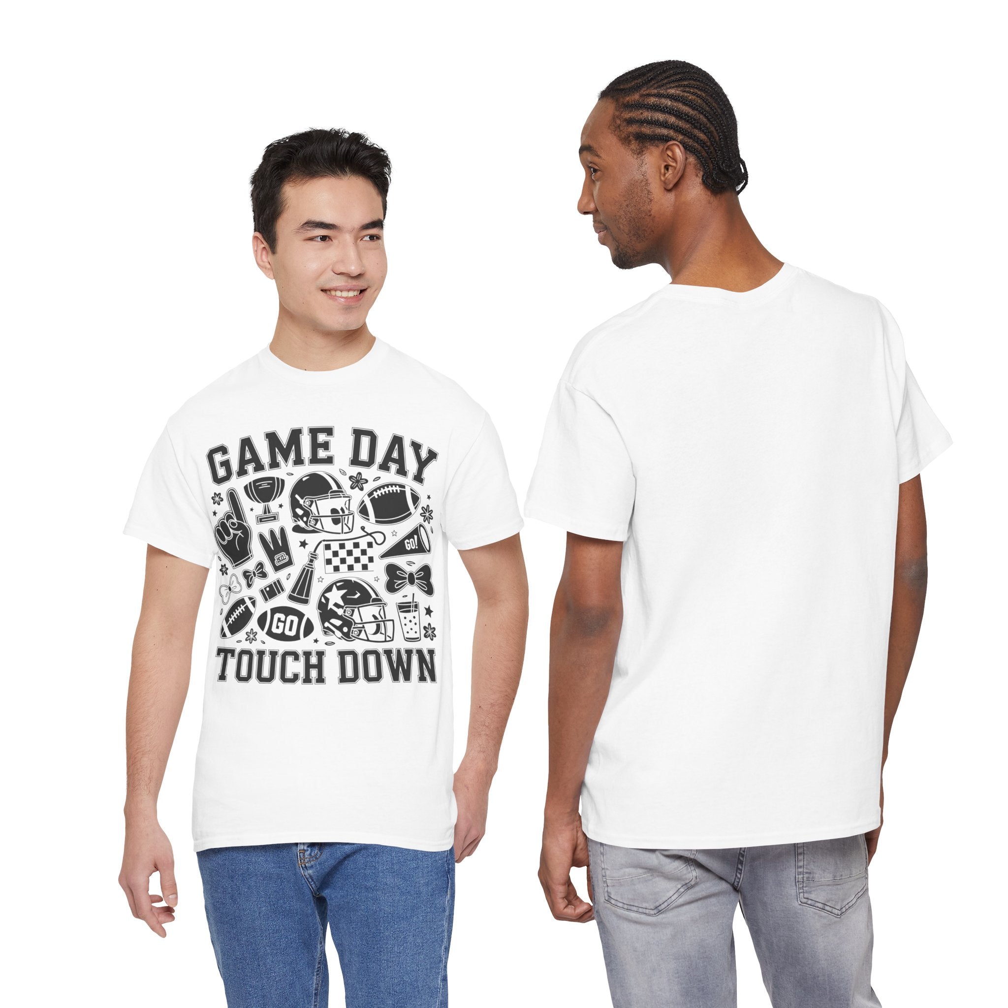 Game Day Touch Down Football T‑Shirt — Helmet & Cheer Monochrome Design Unisex Cotton Tee