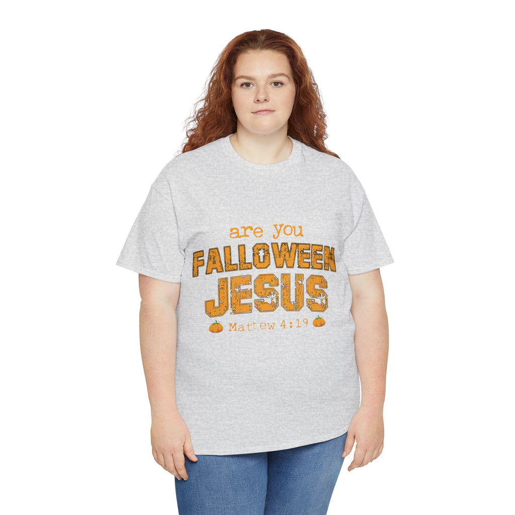 Christian Halloween T-Shirt — “Are You Falloween Jesus? Matthew 4:19” Distressed Pumpkin Design. Unisex Cotton Tee