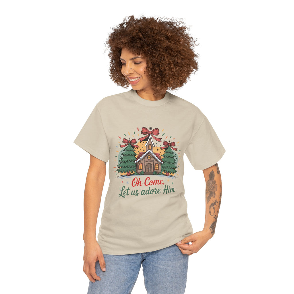 Oh Come Let Us Adore Him Christmas Tee — Church & Trees Holiday Unisex Cotton Tshirt