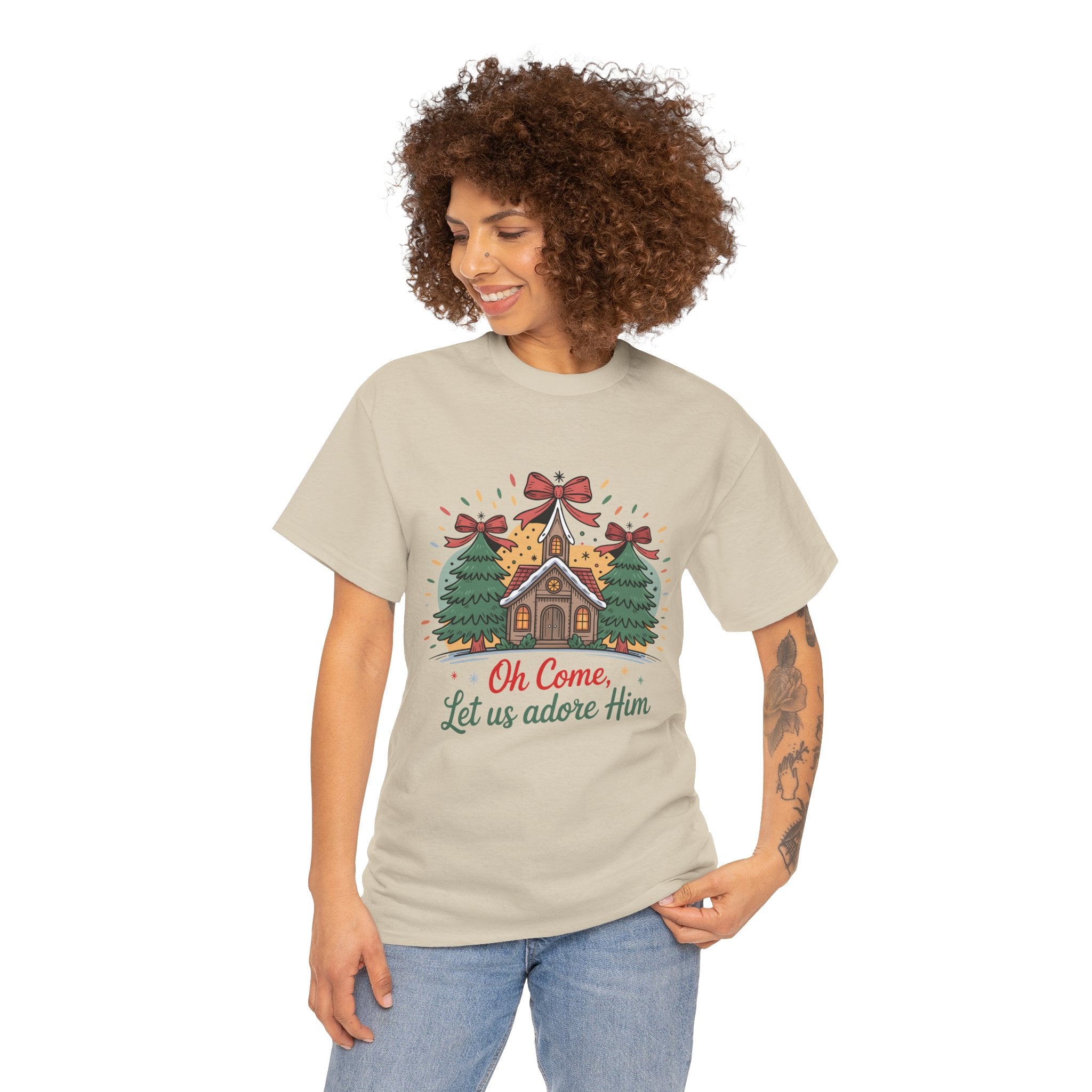 Oh Come Let Us Adore Him Christmas Tee — Church & Trees Holiday Unisex Cotton Tshirt