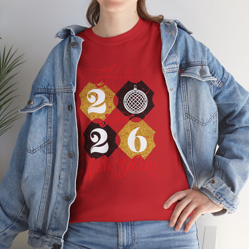 2026 Happy New Year Pink Varsity Tee — Fireworks Party Graphic.Unisex Cotton Tee