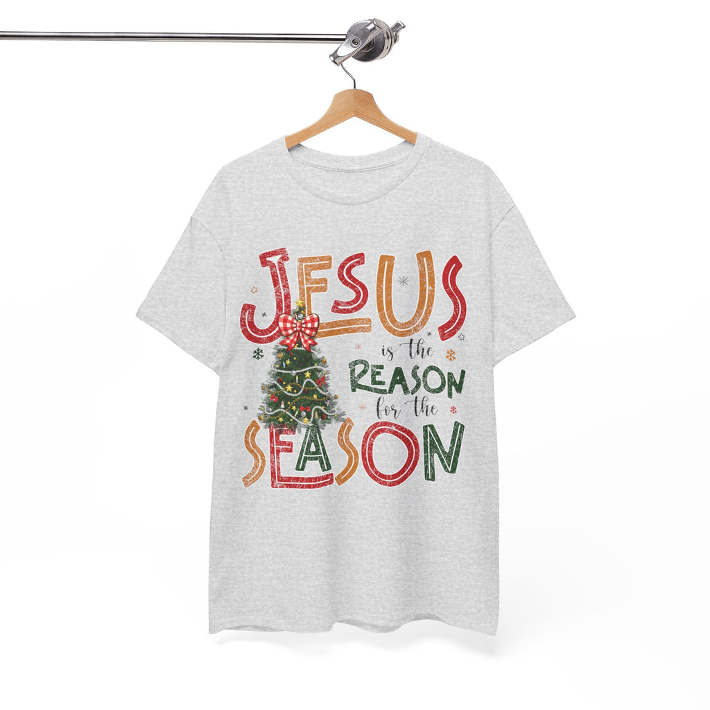 Jesus Is the Reason for the Season Christmas T-Shirt — Plaid Bow Tree..Unisex Cotton Tee