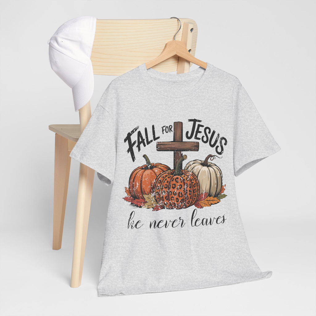 Fall for Jesus Pumpkin Cross Tee — "He Never Leaves" Autumn Christian Unisex Cotton T-Shirt