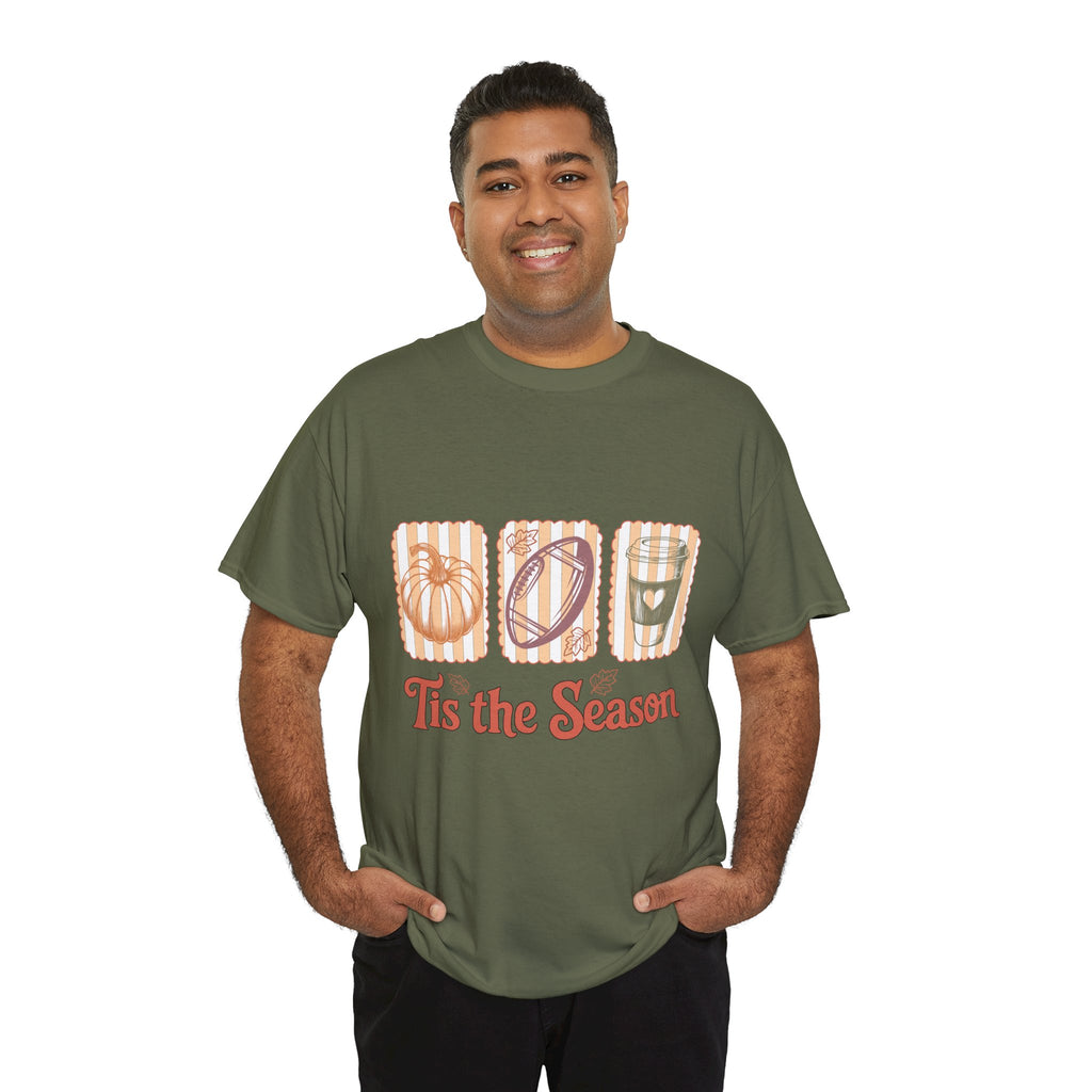 Tis the Season Pumpkin, Football & Coffee Fall Unisex Cotton T-Shirt