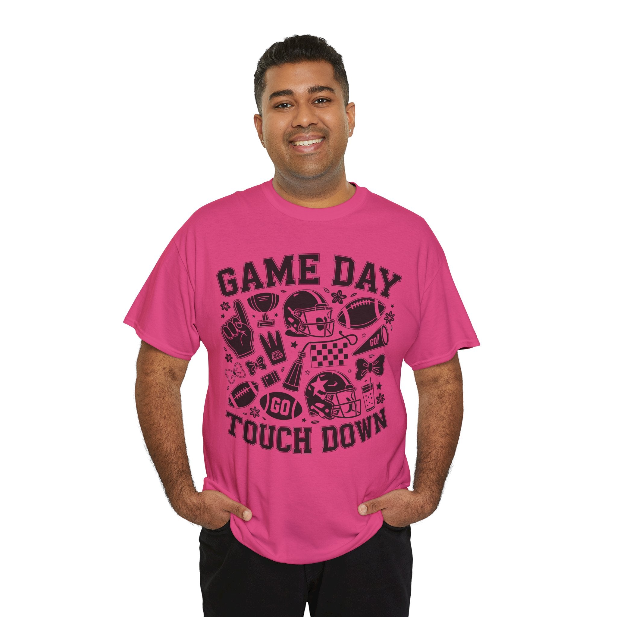 Game Day Touch Down Football T‑Shirt — Helmet & Cheer Monochrome Design Unisex Cotton Tee