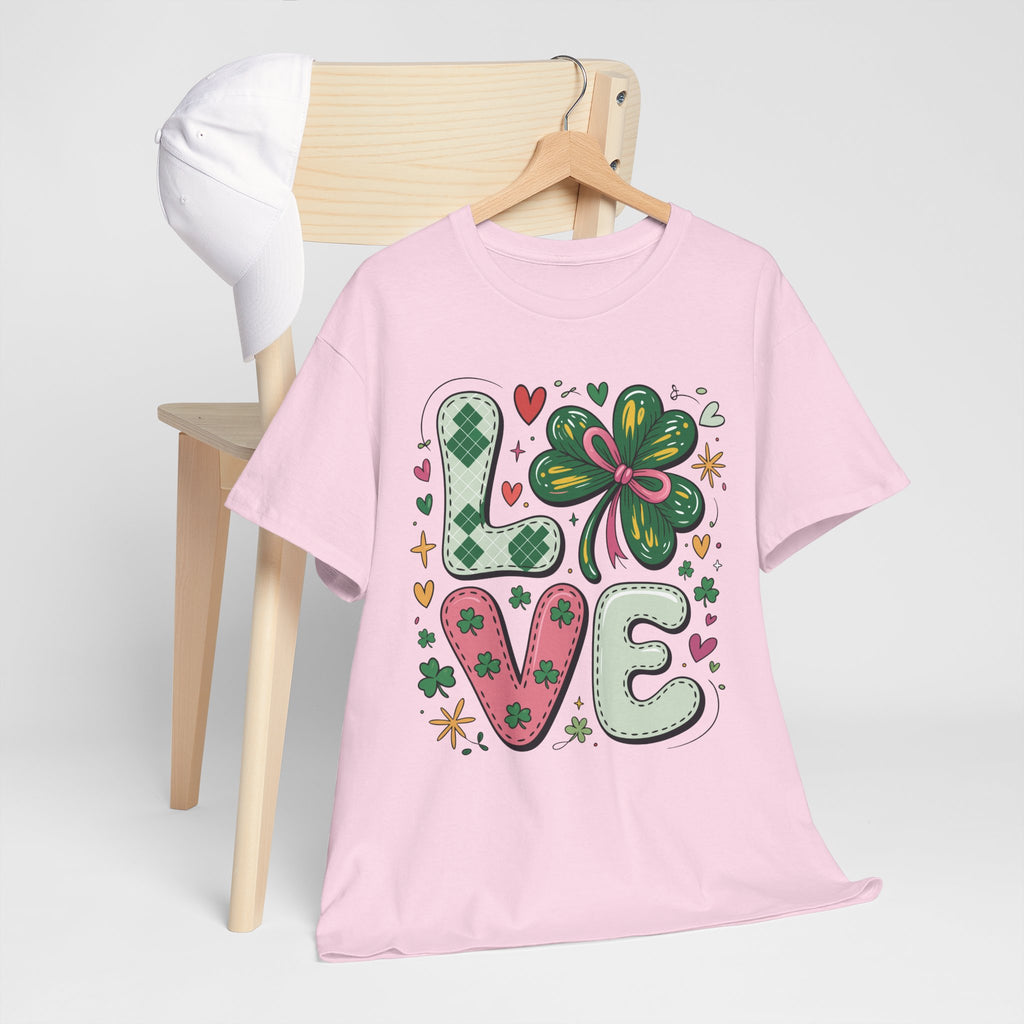 Stitched Clover 'LOVE' Tee — Heart & Patchwork St. Patrick's Unisex Cotton T-Shirt