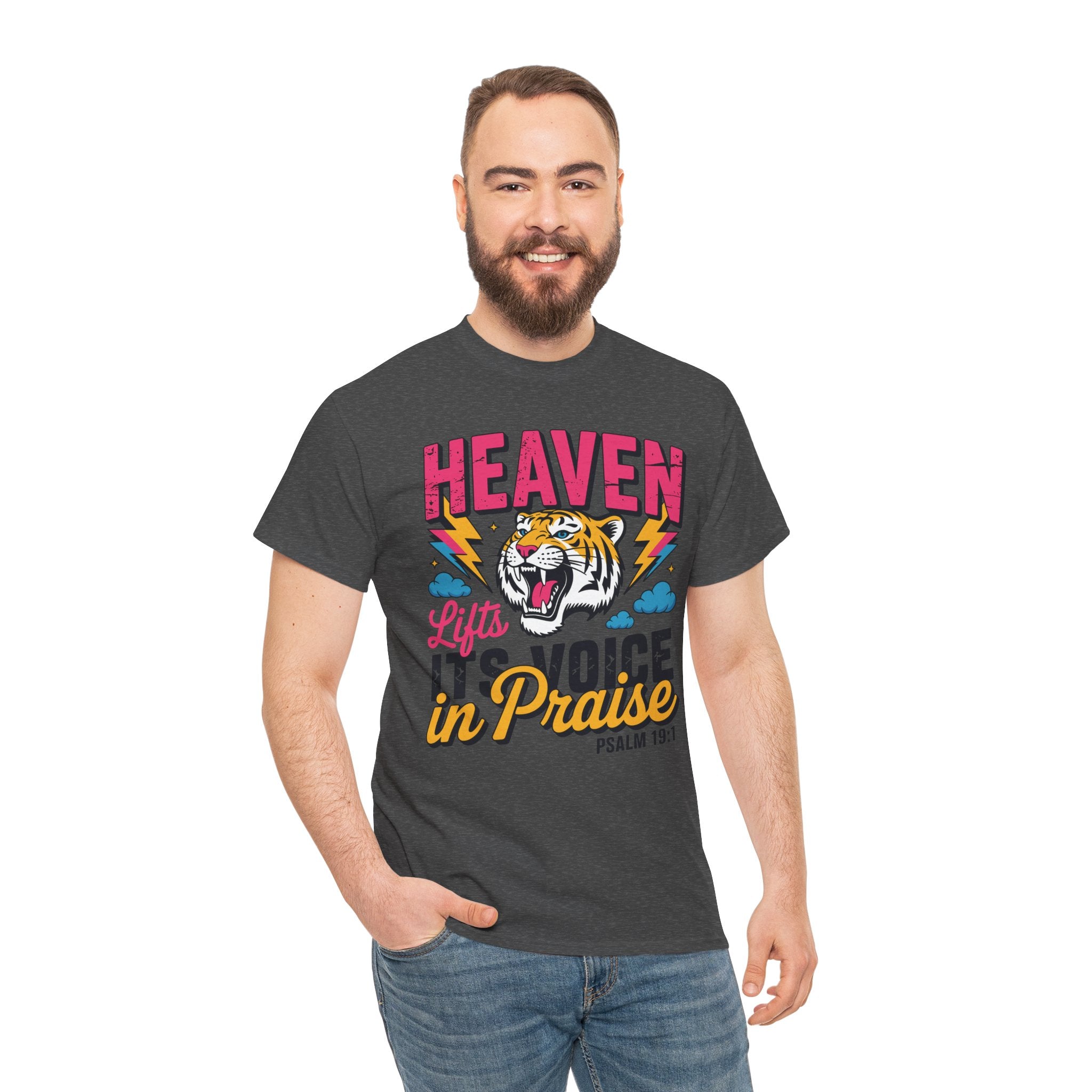 Psalm 19:1 Tiger Praise T-Shirt — Bold Christian Roaring Tiger Graphic.Unisex Cotton Tee