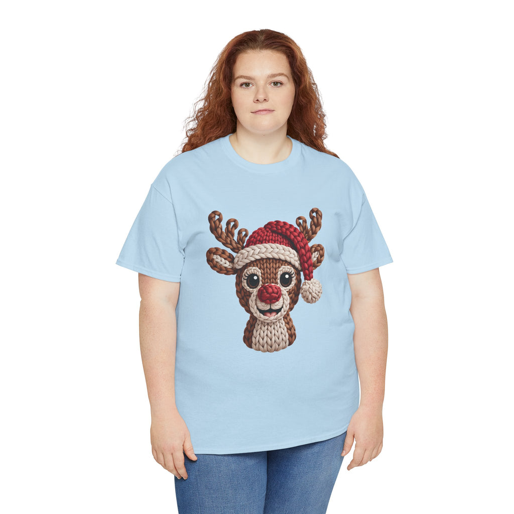 Reindeer in Santa Hat Cotton Tee — Joyful Faux-Yarn Holiday Unisex Coton T-Shirt